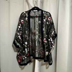 World Market Sheer Black Mesh Embroidered Floral Kimono